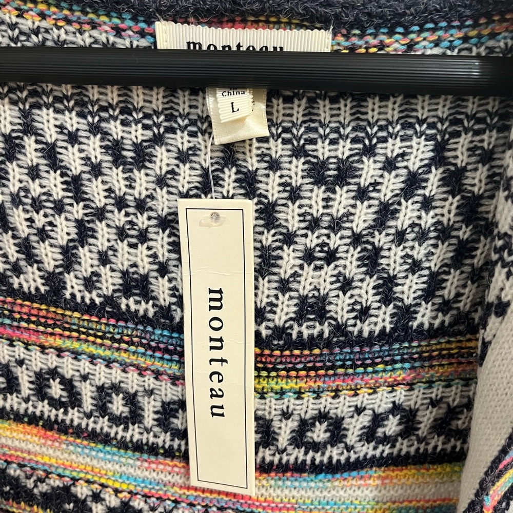 Monteau Women’s Fair Isle Cardigan Open Front Hooded Rainbow Large - Picture 12 of 12